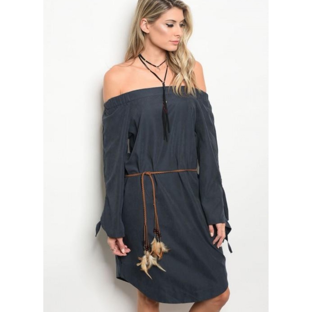 **CLEARANCE**Navy off the Shoulder Dress with Belt